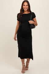 Black Boat Neck Side Ruched Waist Tie Maternity Midi Dress