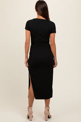 Black Boat Neck Side Ruched Waist Tie Maternity Midi Dress