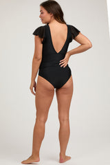 Black Crochet Detail Ruched Maternity One Piece Swimsuit