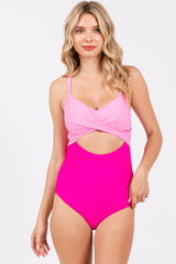 Pink Color Block Wrap Front Cutout Maternity One Piece Swimsuit