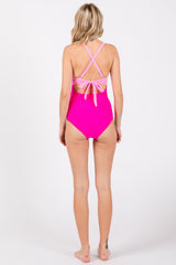 Pink Color Block Wrap Front Cutout One Piece Swimsuit