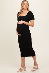 Black Textured Square Neck Puff Sleeve Maternity Midi Dress