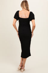 Black Textured Square Neck Puff Sleeve Maternity Midi Dress