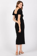 Black Textured Square Neck Puff Sleeve Midi Dress