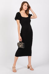 Black Textured Square Neck Puff Sleeve Midi Dress