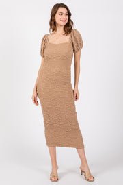 Taupe Textured Square Neck Puff Sleeve Midi Dress