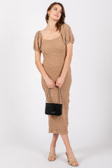 Taupe Textured Square Neck Puff Sleeve Midi Dress