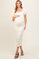 Ivory Textured Square Neck Puff Sleeve Maternity Midi Dress