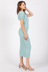 Mint Textured Square Neck Puff Sleeve Midi Dress