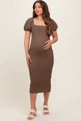 Brown Popcorn Textured Short Puff Sleeve Maternity Midi Dress