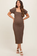 Brown Popcorn Textured Short Puff Sleeve Maternity Midi Dress