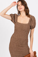 Brown Popcorn Textured Short Puff Sleeve Midi Dress