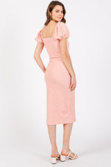 Peach Popcorn Textured Short Puff Sleeve Midi Dress