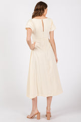 Ivory Puff Sleeve Linen Midi Dress