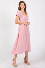 Pink Puff Sleeve Linen Maternity Midi Dress