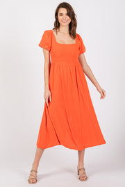 Coral Puff Sleeve Linen Midi Dress