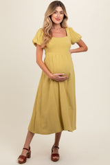 Lime Puff Sleeve Linen Maternity Midi Dress