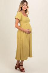 Lime Puff Sleeve Linen Maternity Midi Dress