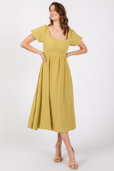 Lime Puff Sleeve Linen Maternity Midi Dress