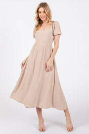 Taupe Puff Sleeve Linen Midi Dress