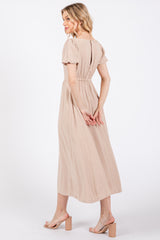 Taupe Puff Sleeve Linen Midi Dress