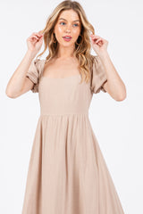 Taupe Puff Sleeve Linen Midi Dress