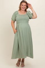 Mint Green Smocked Short Sleeve Maternity Plus Midi Dress