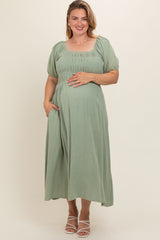 Mint Green Smocked Short Sleeve Maternity Plus Midi Dress