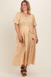 Yellow Floral Short Puff Sleeve Maternity Plus Midi Dress