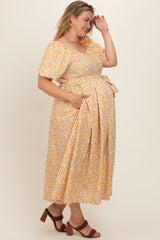 Yellow Floral Short Puff Sleeve Maternity Plus Midi Dress