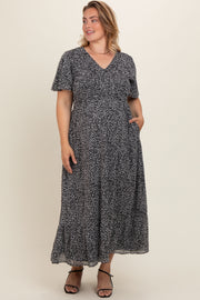 Black Dotted Smocked V-Neck Short Sleeve Maternity Plus Maxi Dress