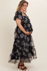 Black Floral Organza Square Neck Maternity Plus Midi Dress