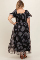 Black Floral Organza Square Neck Maternity Plus Midi Dress