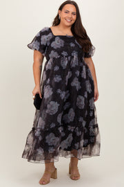 Black Floral Organza Square Neck Plus Midi Dress