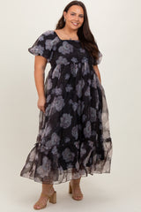 Black Floral Organza Square Neck Plus Midi Dress