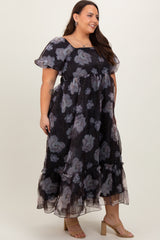 Black Floral Organza Square Neck Plus Midi Dress