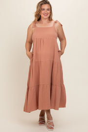 Peach Sleeveless Tiered Plus Maternity Maxi Dress