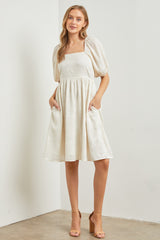 Cream Textured Floral Square Neck Puff Sleeve Maternity Dress