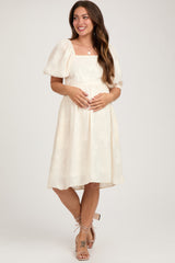 Cream Textured Floral Square Neck Puff Sleeve Maternity Dress