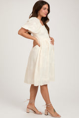 Cream Textured Floral Square Neck Puff Sleeve Maternity Dress