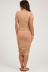 Beige Ruched Fitted Maternity Dress