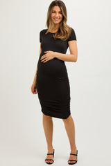 Black Ruched Fitted Maternity Dress