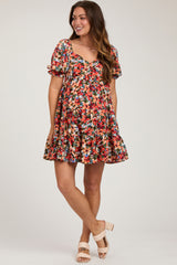 Orange Multi-Color Floral Puff Sleeve Ruffle Hem Maternity Dress