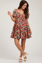 Orange Multi-Color Floral Puff Sleeve Ruffle Hem Maternity Dress