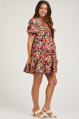 Orange Multi-Color Floral Puff Sleeve Ruffle Hem Maternity Dress