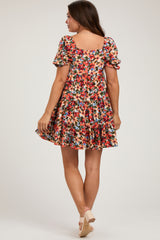 Orange Multi-Color Floral Puff Sleeve Ruffle Hem Maternity Dress