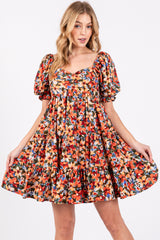 Orange Multi-Color Floral Puff Sleeve Ruffle Hem Maternity Dress