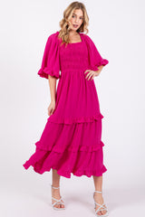 Fuchsia Smocked Ruffle Tiered Maternity Midi Dress