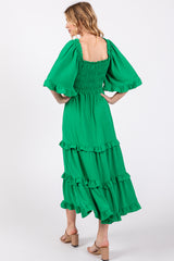 Green Smocked Ruffle Tiered Midi Dress