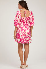 Fuchsia Printed Bubble Sleeve Sweetheart Maternity Dress